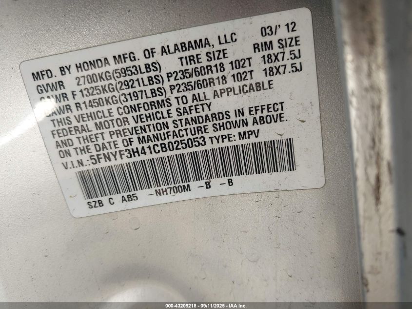 2012 Honda Pilot Ex VIN: 5FNYF3H41CB025053 Lot: 43209218