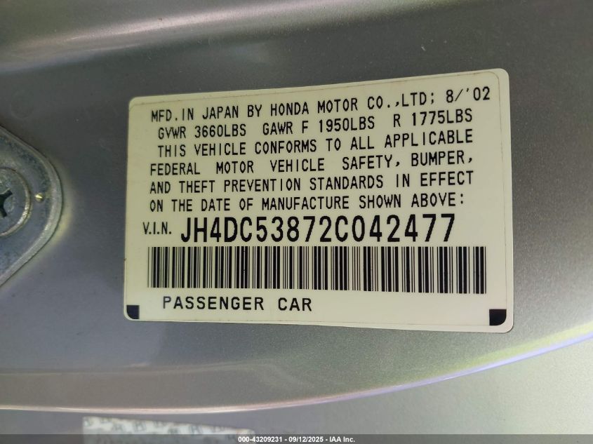 2002 Acura Rsx VIN: JH4DC53872C042477 Lot: 43209231