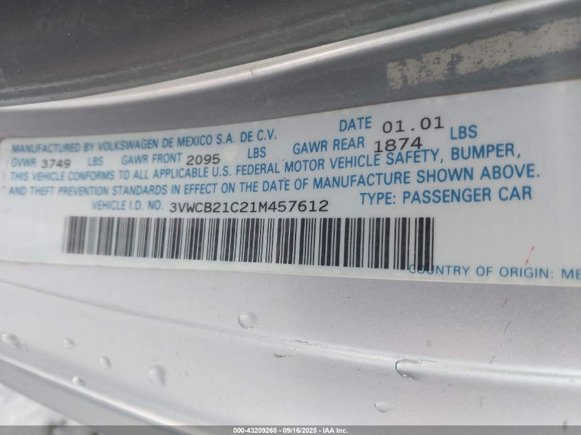 2001 Volkswagen New Beetle Gls VIN: 3VWCB21C21M457612 Lot: 43209268