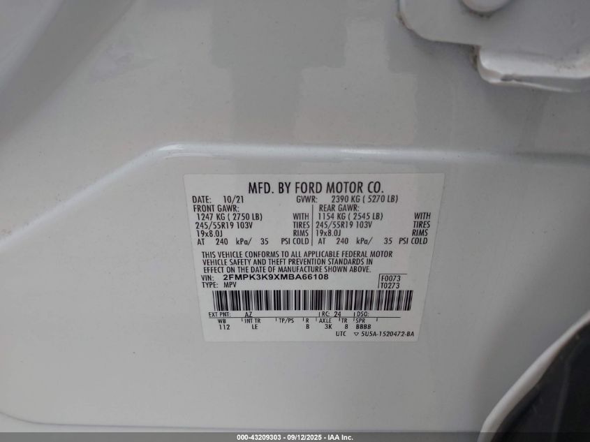 2021 Ford Edge Titanium VIN: 2FMPK3K9XMBA66108 Lot: 43209303