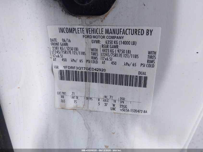 2016 Ford F350 Xl VIN: 1FDRF3GT7GED42920 Lot: 43209320