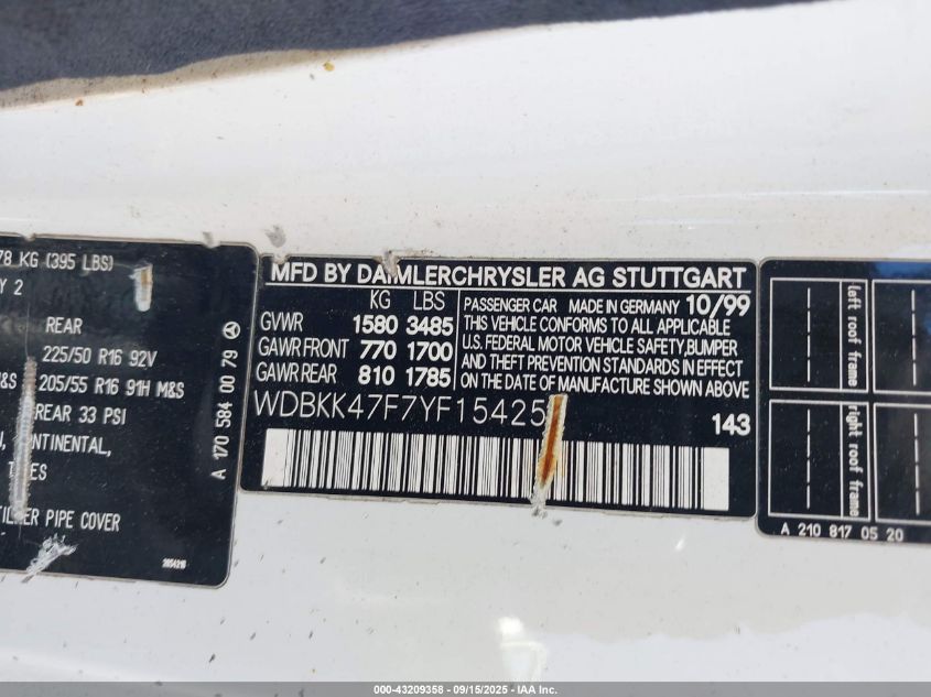 2000 Mercedes-Benz Slk 230 Kompressor VIN: WDBKK47F7YF154250 Lot: 43209358