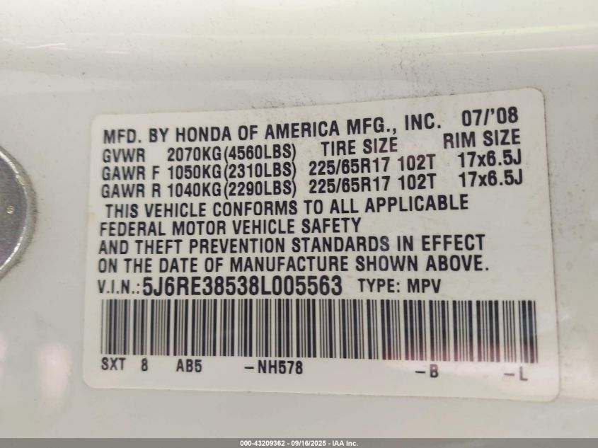 2008 Honda Cr-V Ex VIN: 5J6RE38538L005563 Lot: 43209362