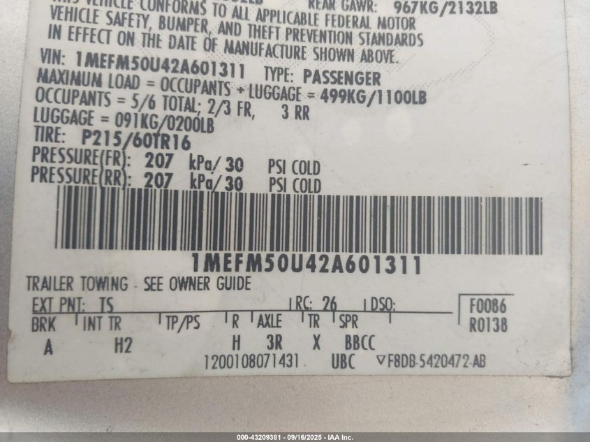 2002 Mercury Sable Gs/Gs Plus VIN: 1MEFM50U42A601311 Lot: 43209381