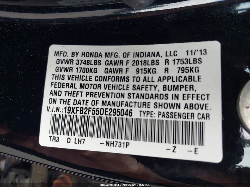 2013 Honda Civic Lx VIN: 19XFB2F55DE295046 Lot: 43209394