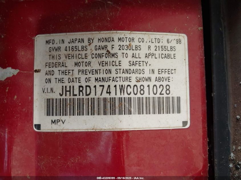 1998 Honda Cr-V Lx VIN: JHLRD1741WC081028 Lot: 43209399