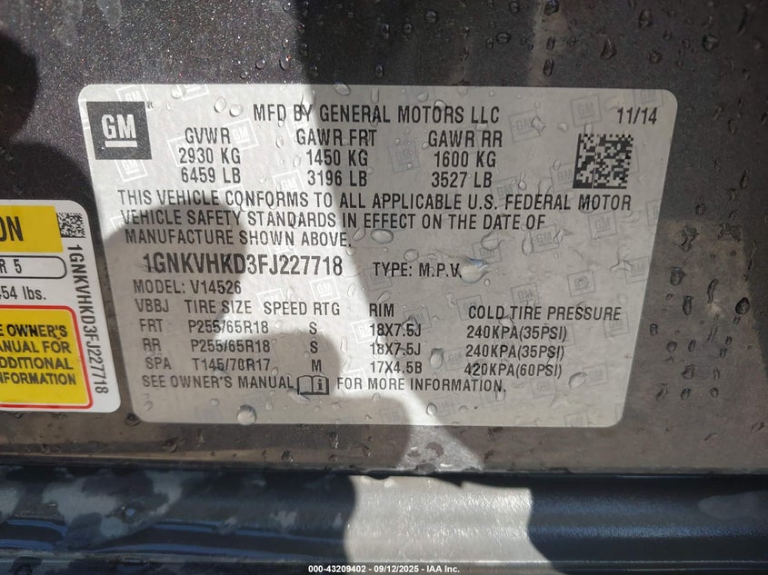 2015 CHEVROLET TRAVERSE 2LT - 1GNKVHKD3FJ227718