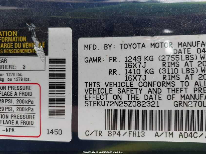 2005 Toyota Tacoma Prerunner V6 VIN: 5TEKU72N25Z082321 Lot: 43209411