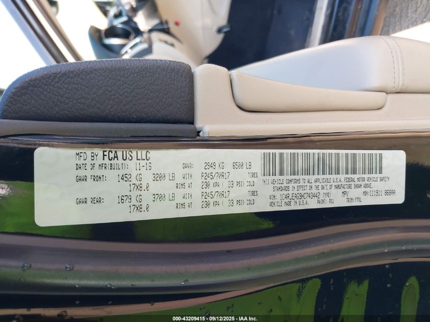 2017 Jeep Grand Cherokee Laredo 4X2 VIN: 1C4RJEAG9HC743442 Lot: 43209415