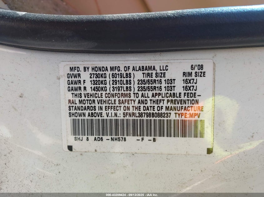 2008 Honda Odyssey Ex-L VIN: 5FNRL38798B088237 Lot: 43209424