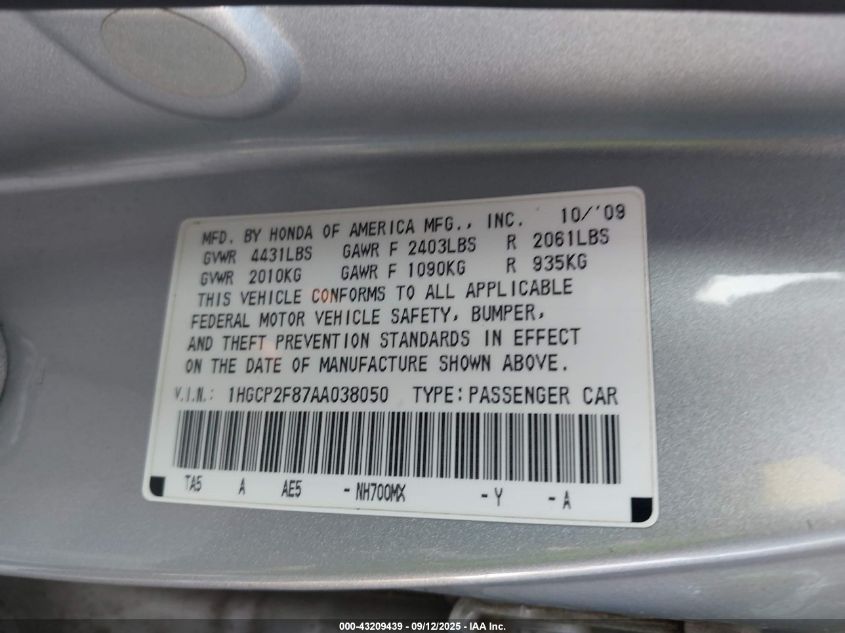 2010 Honda Accord 2.4 Ex-L VIN: 1HGCP2F87AA038050 Lot: 43109610