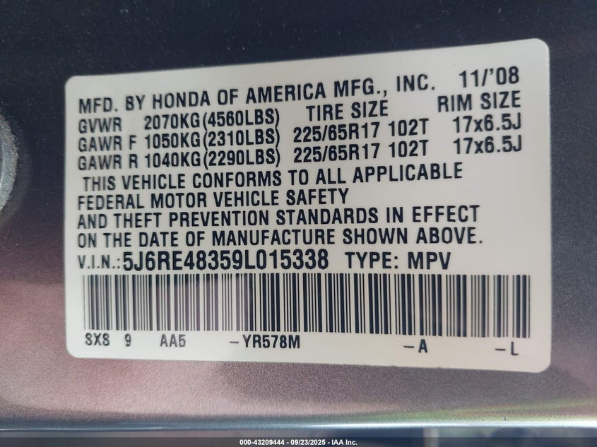 2009 Honda Cr-V Lx VIN: 5J6RE48359L015338 Lot: 43209444