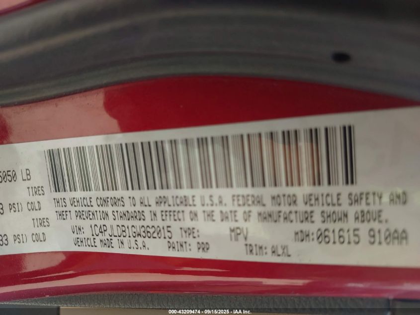 2016 Jeep Cherokee Limited VIN: 1C4PJLDB1GW362015 Lot: 43209474