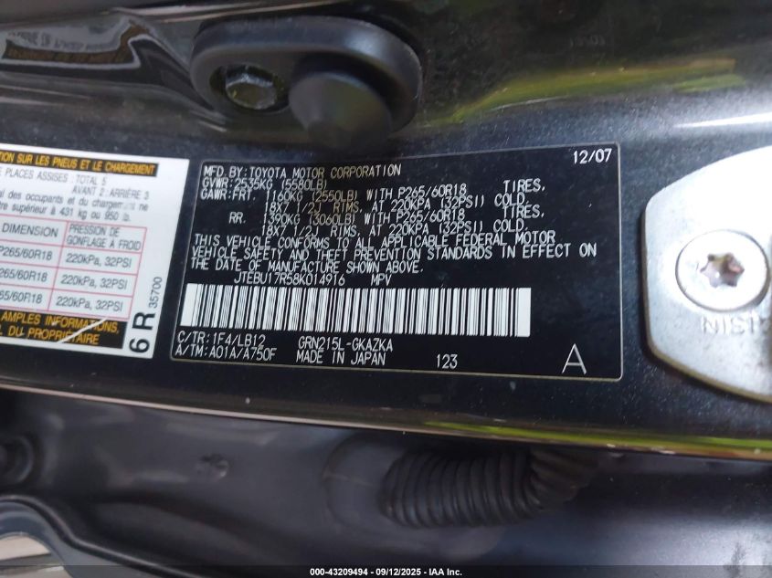 2008 Toyota 4Runner Limited VIN: JTEBU17R58K014916 Lot: 43209494