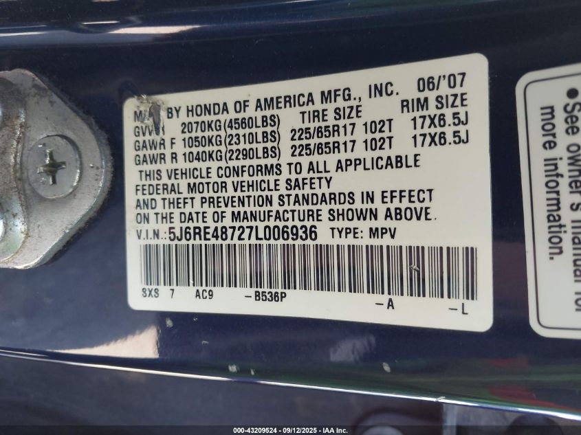 2007 Honda Cr-V Ex-L VIN: 5J6RE48727L006936 Lot: 43209524