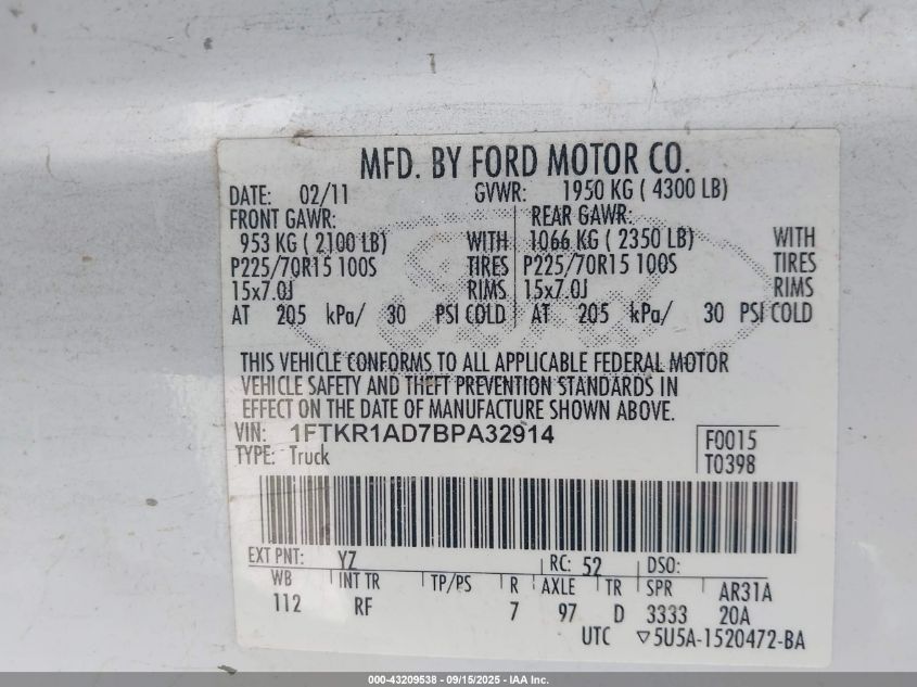 2011 Ford Ranger Xl VIN: 1FTKR1AD7BPA32914 Lot: 43209538