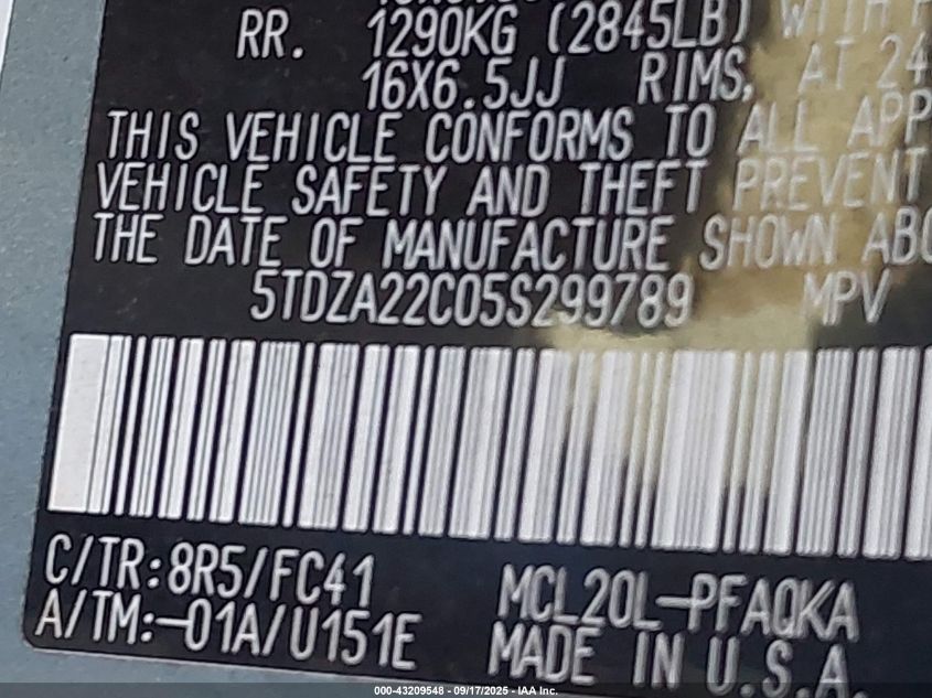 2005 Toyota Sienna Xle/Xle Limited VIN: 5TDZA22C05S299789 Lot: 43209548