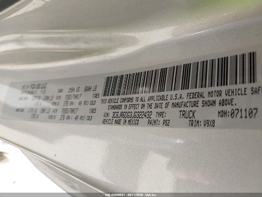 2018 Ram 1500 Tradesman 4X2 8' Box VIN: 3C6JR6DG3JG322432 Lot: 43209551