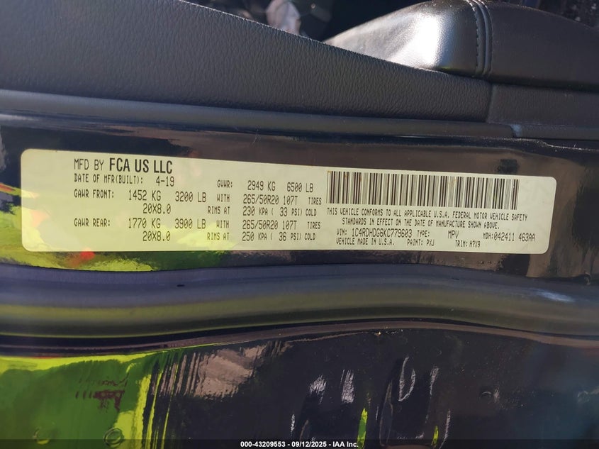 2019 DODGE DURANGO GT RWD - 1C4RDHDG6KC779603