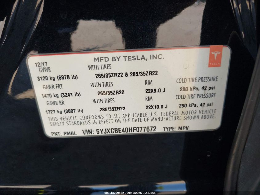 2017 Tesla Model X P100D VIN: 5YJXCBE40HF077672 Lot: 43209562