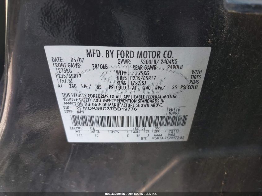 2007 Ford Edge Se VIN: 2FMDK36C37BB19776 Lot: 43209566