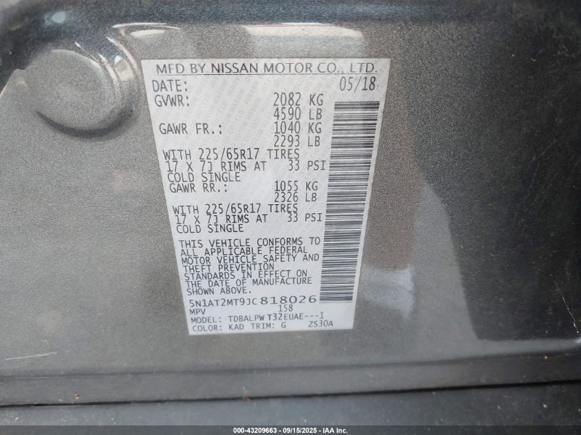 2018 Nissan Rogue S VIN: 5N1AT2MT9JC818026 Lot: 43209663