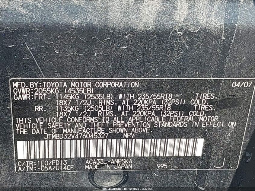 2007 Toyota Rav4 Sport VIN: JTMBD32V476045327 Lot: 43209680