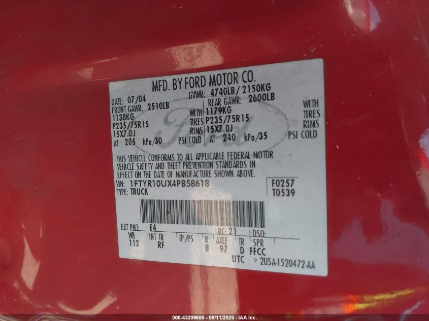 2004 Ford Ranger Edge/Xl/Xlt VIN: 1FTYR10UX4PB58618 Lot: 43209686