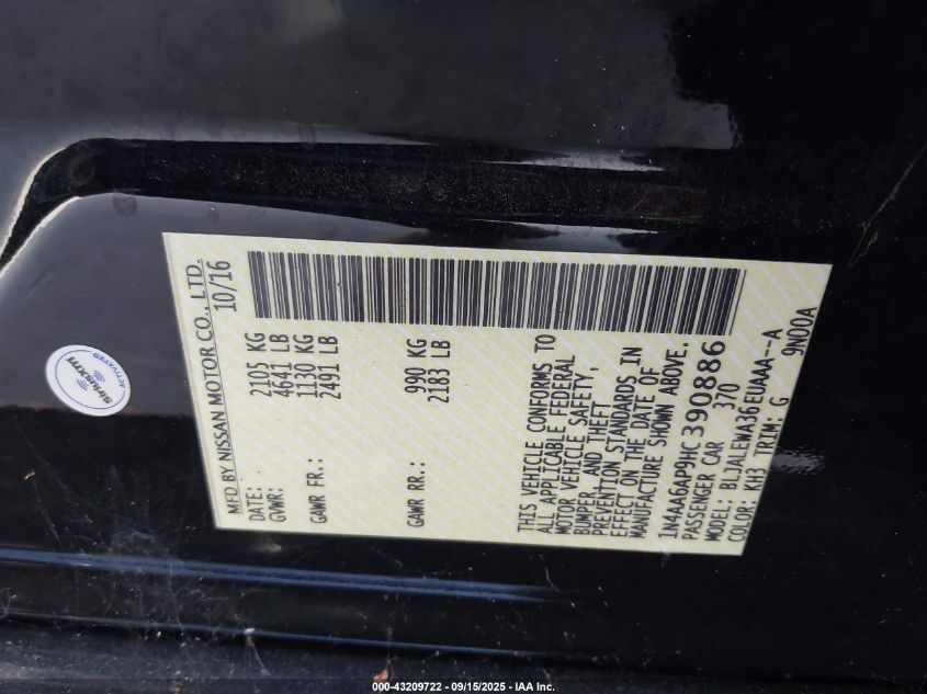 2017 Nissan Maxima 3.5 Sl VIN: 1N4AA6AP9HC390886 Lot: 43209722