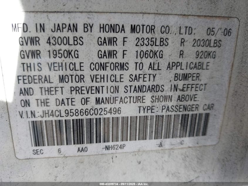 2006 Acura Tsx VIN: JH4CL95866C025496 Lot: 43209734