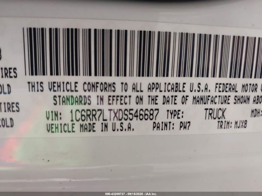 2013 Ram 1500 Big Horn VIN: 1C6RR7LTXDS546687 Lot: 43209737