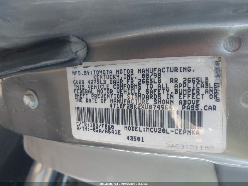 1999 Toyota Camry Le V6 VIN: 4T1BF28K2XU074964 Lot: 43209741