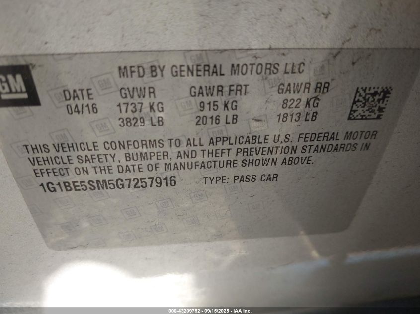 2016 Chevrolet Cruze Lt Auto VIN: 1G1BE5SM5G7257916 Lot: 43209752
