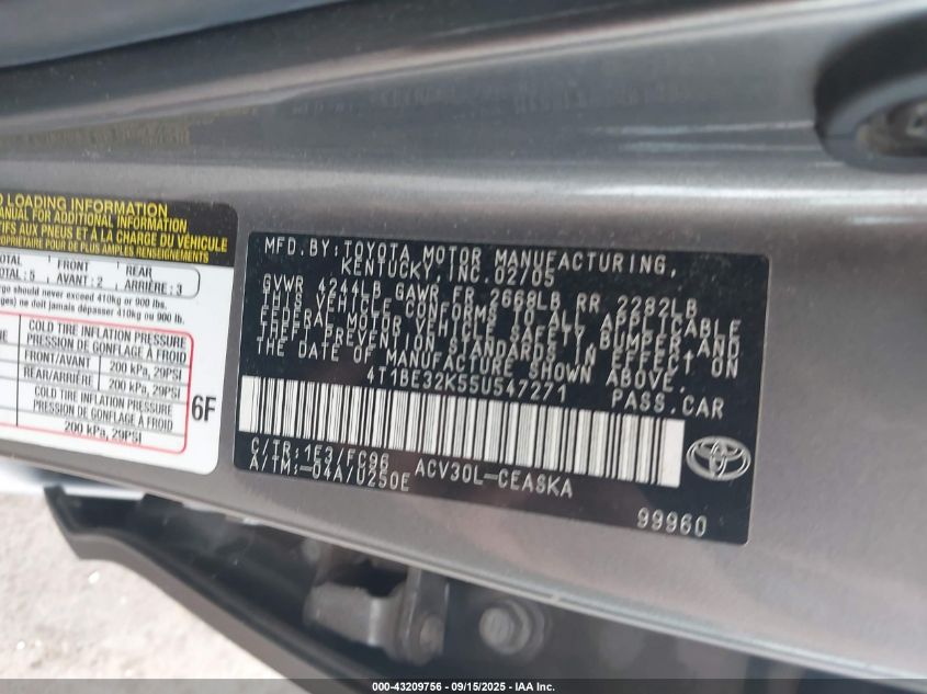 2005 Toyota Camry Se VIN: 4T1BE32K55U547271 Lot: 43209756