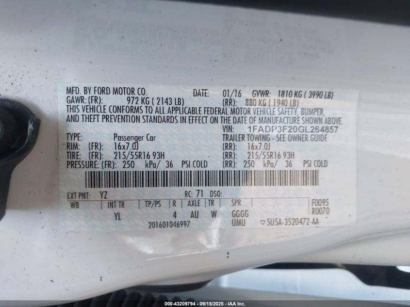 2016 FORD FOCUS SE - 1FADP3F20GL264857