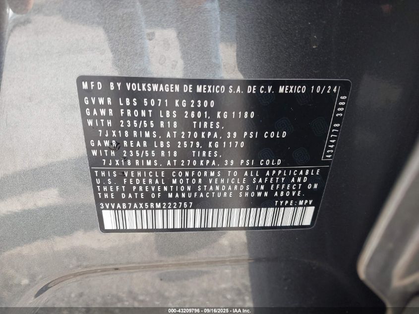 2024 Volkswagen Tiguan 2.0T Wolfsburg Edition VIN: 3VVAB7AX5RM222757 Lot: 43209796