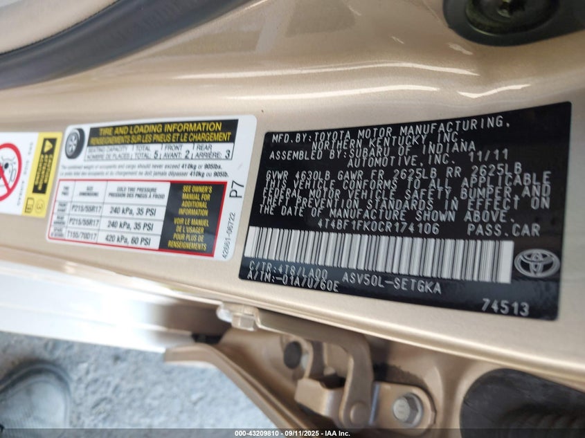 2012 Toyota Camry Xle VIN: 4T4BF1FK0CR174106 Lot: 43209810