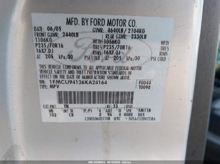 2006 Ford Escape Limited VIN: 1FMCU94136KA24164 Lot: 43209834