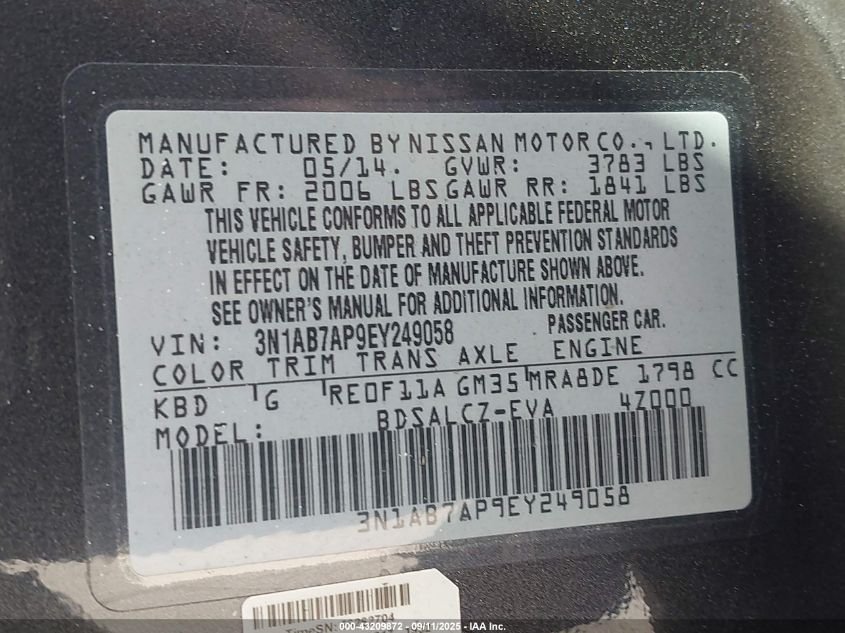 2014 Nissan Sentra S VIN: 3N1AB7AP9EY249058 Lot: 43209872