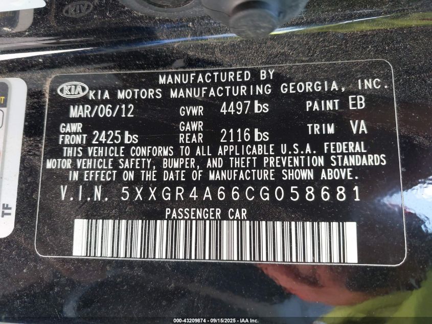 2012 Kia Optima Sx VIN: 5XXGR4A66CG058681 Lot: 43209874