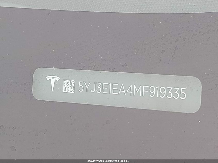 2021 Tesla Model 3 Standard Range Plus Rear-Wheel Drive VIN: 5YJ3E1EA4MF919335 Lot: 43209889