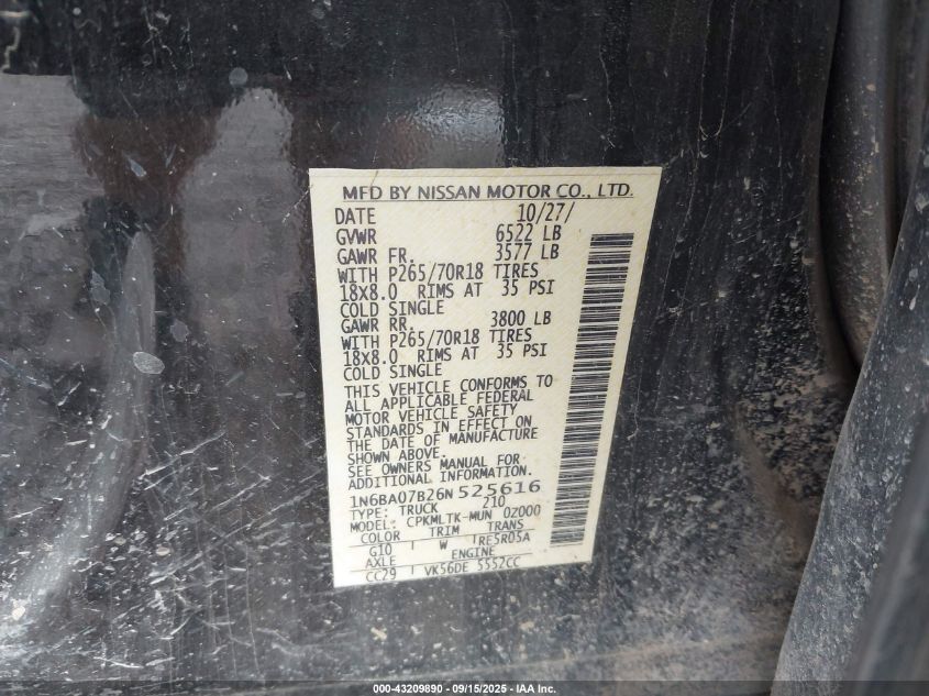 2006 Nissan Titan Se VIN: 1N6BA07B26N525616 Lot: 43209890
