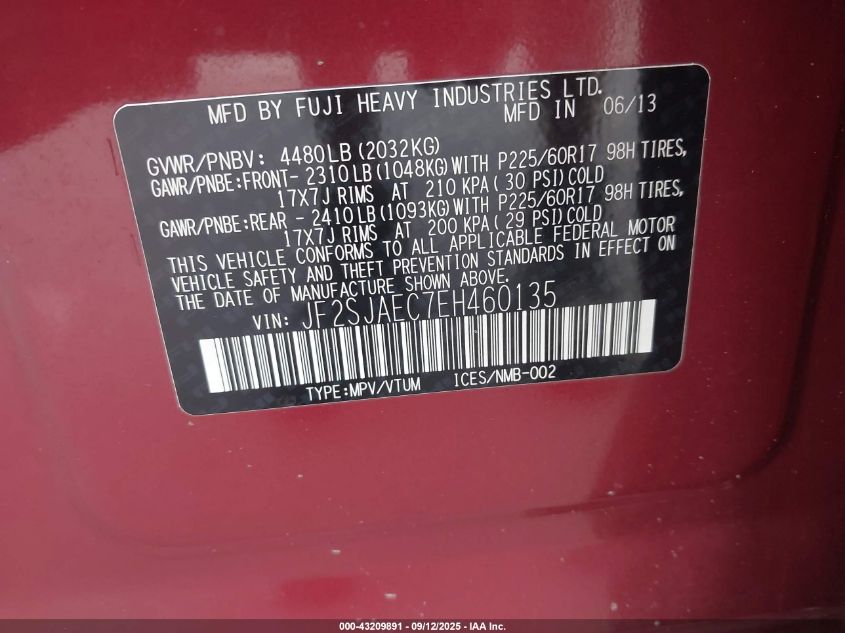 2014 Subaru Forester 2.5I Premium VIN: JF2SJAEC7EH460135 Lot: 43209891