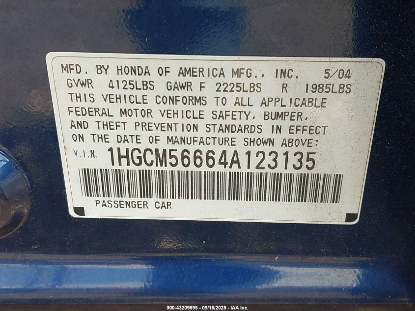 2004 Honda Accord 2.4 Ex VIN: 1HGCM56664A123135 Lot: 43209895