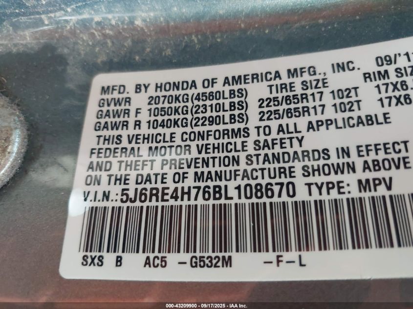 2011 Honda Cr-V Ex-L VIN: 5J6RE4H76BL108670 Lot: 43209900