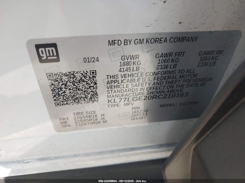 2024 Chevrolet Trax Fwd 1Rs VIN: KL77LGE20RC210163 Lot: 43209904