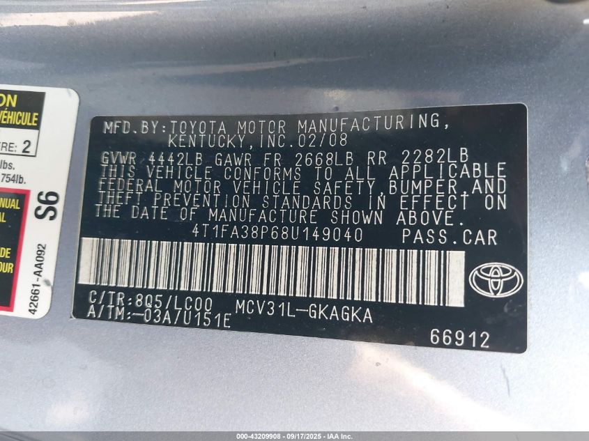 2008 Toyota Camry Solara Sle VIN: 4T1FA38P68U149040 Lot: 43209908