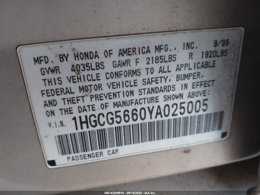 2000 Honda Accord 2.3 Ex VIN: 1HGCG5660YA025005 Lot: 43209910