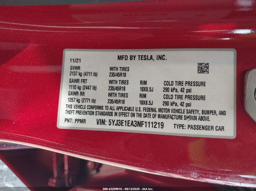 2022 Tesla Model 3 Rear-Wheel Drive VIN: 5YJ3E1EA3NF111219 Lot: 43209918