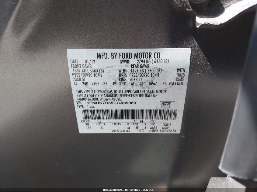 2012 Ford Explorer Xlt VIN: 1FMHK7D85CGA99069 Lot: 43209924